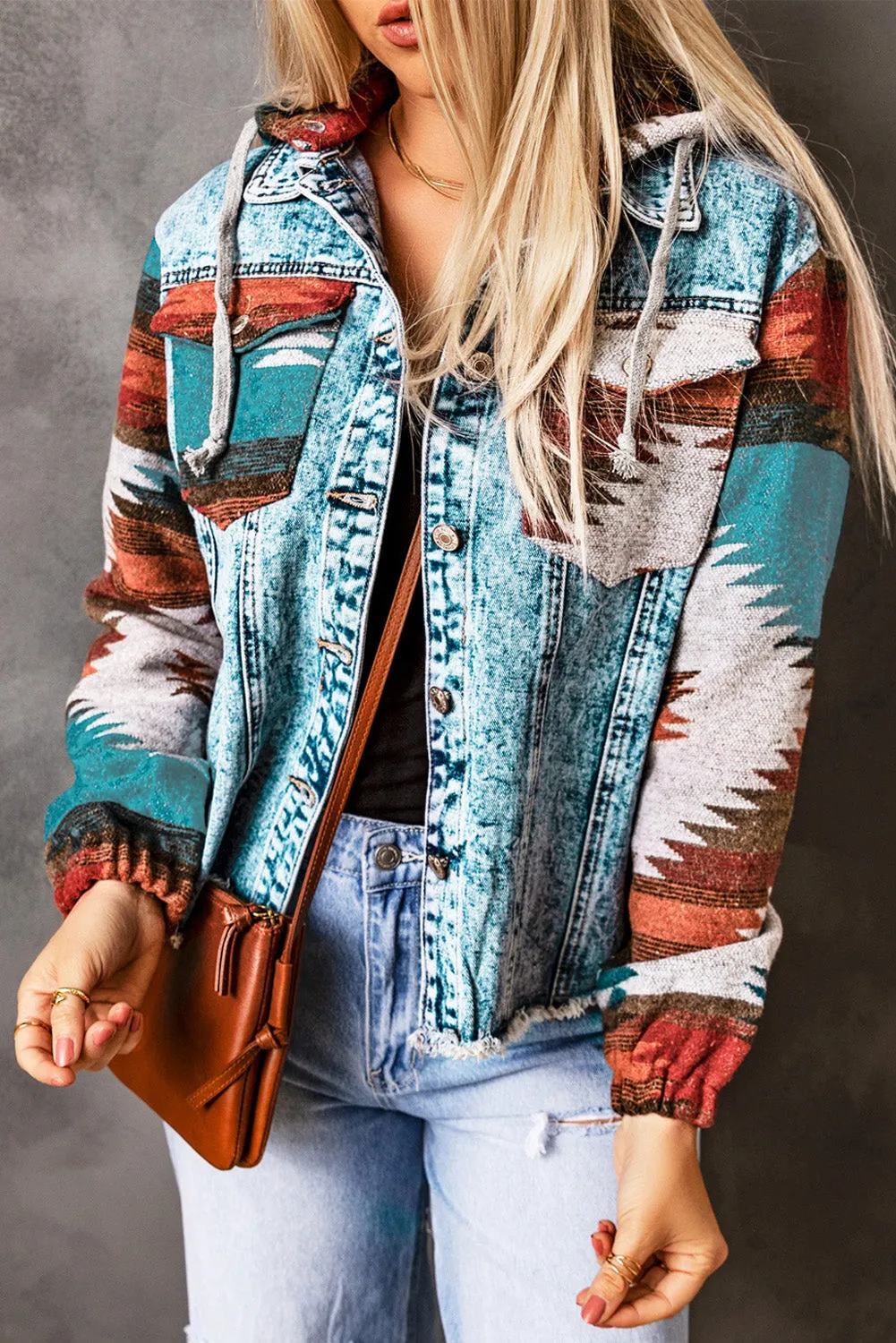 Multicolour Aztec Print Frayed Hem Denim Jacket