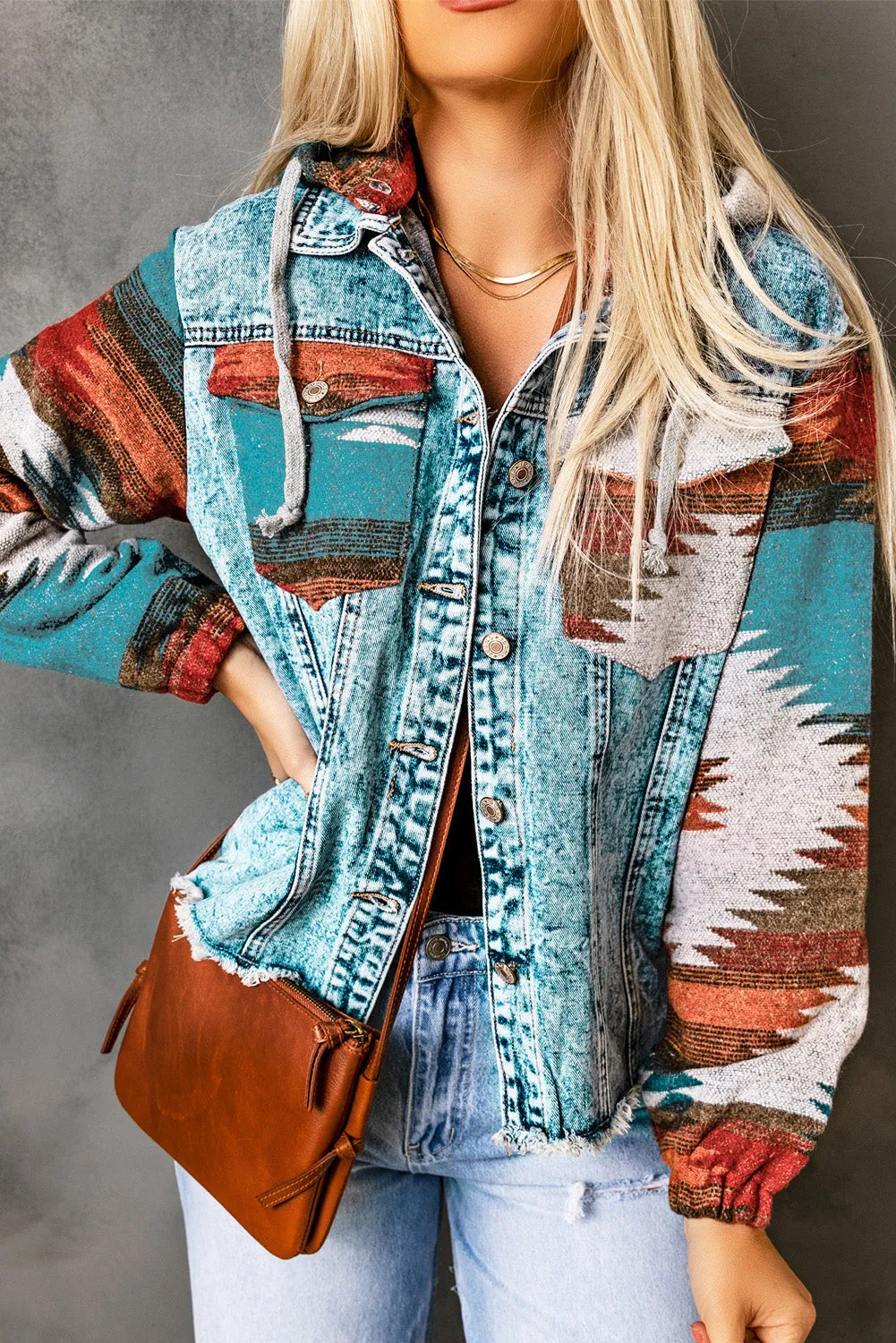 Multicolour Aztec Print Frayed Hem Denim Jacket