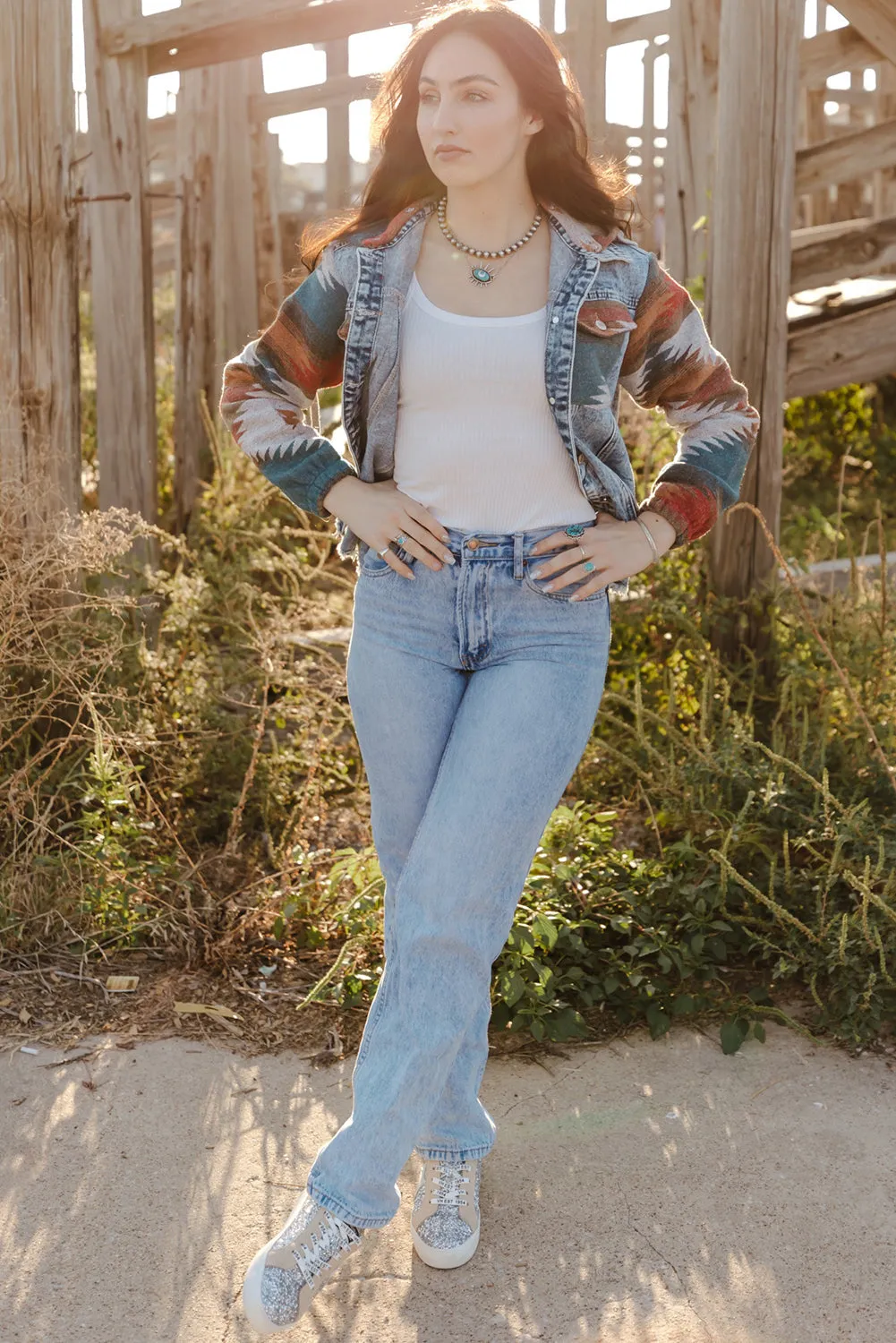 Multicolour Aztec Print Frayed Hem Denim Jacket