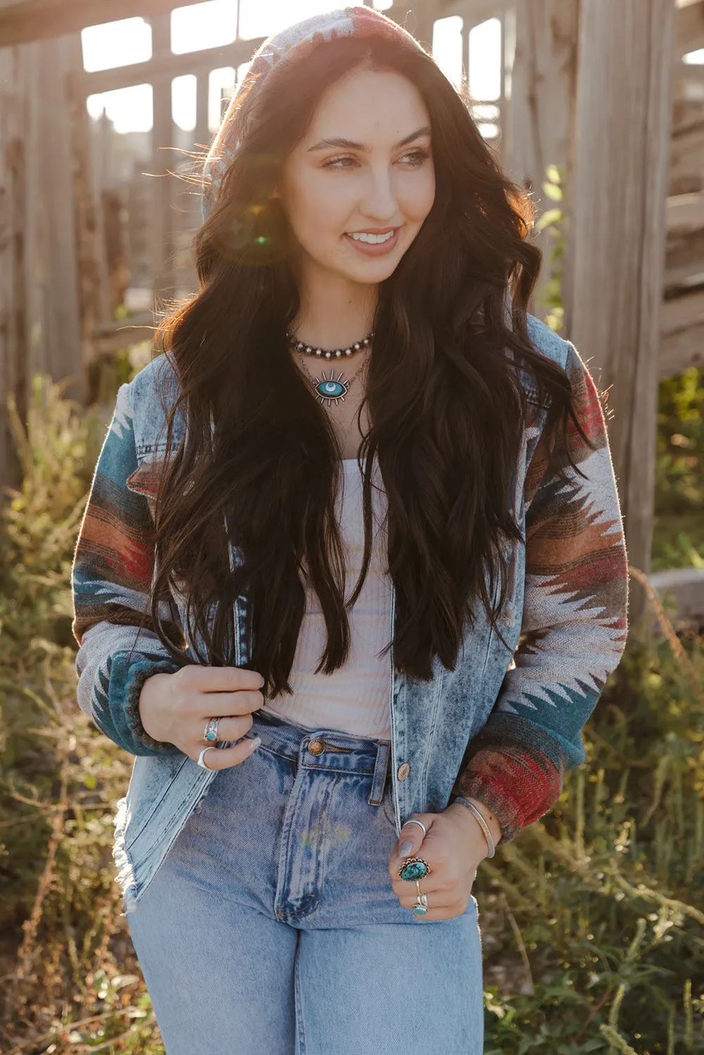 Multicolour Aztec Print Frayed Hem Denim Jacket