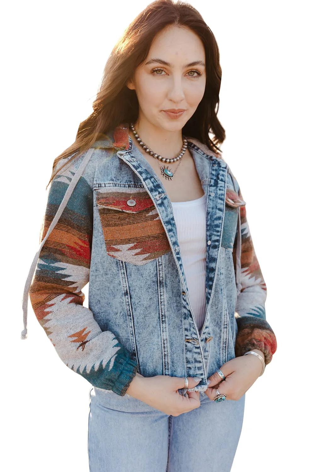 Multicolour Aztec Print Frayed Hem Denim Jacket