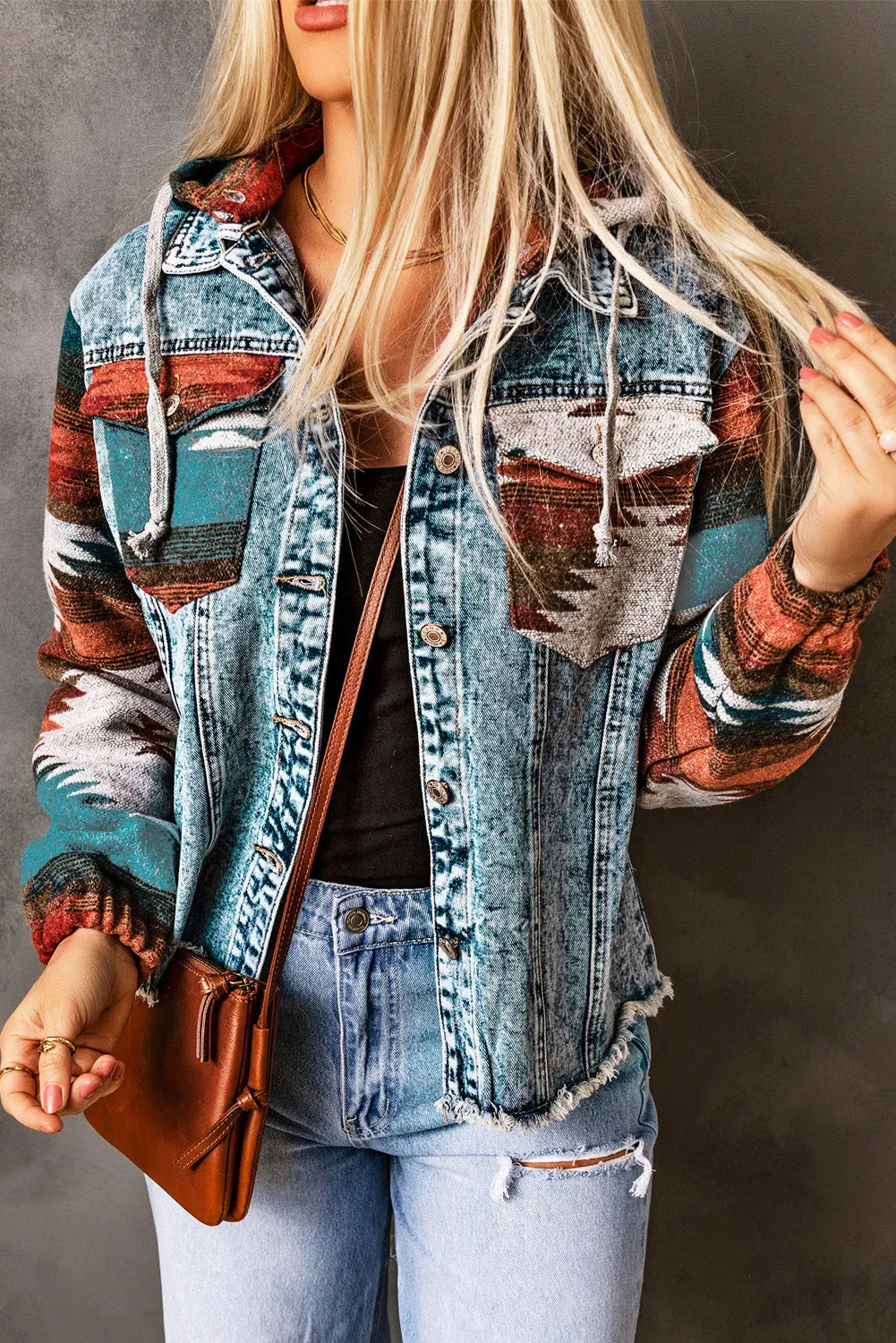Multicolour Aztec Print Frayed Hem Denim Jacket