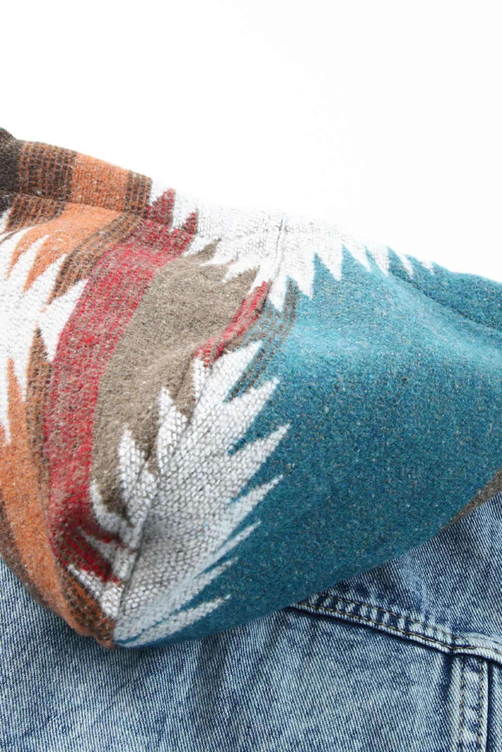 Multicolour Aztec Print Frayed Hem Denim Jacket