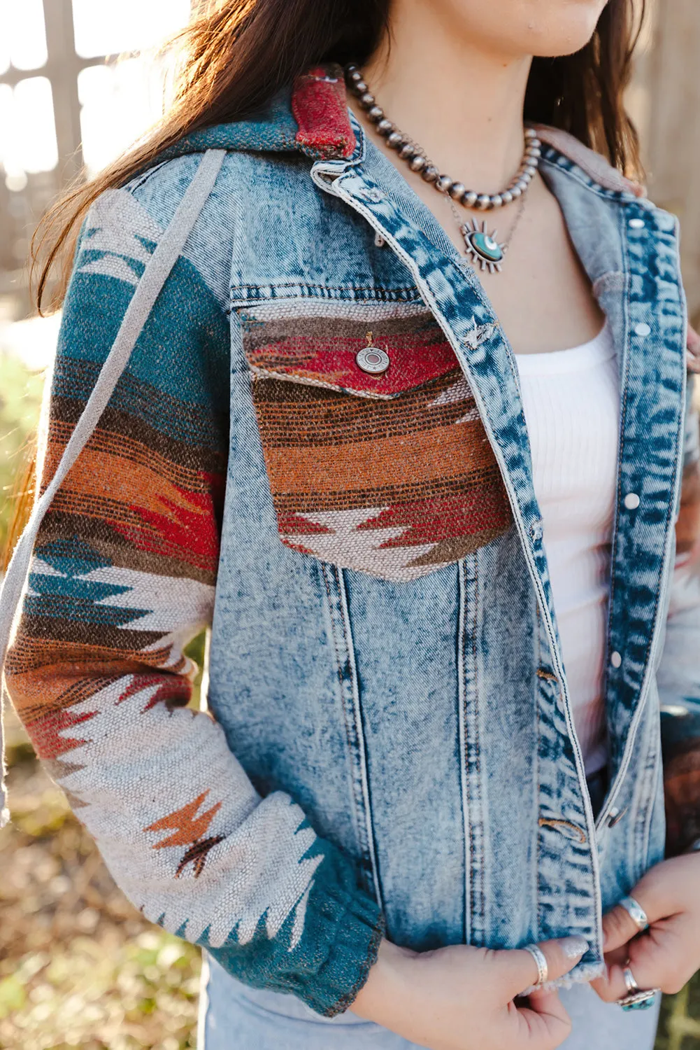 Multicolour Aztec Print Frayed Hem Denim Jacket