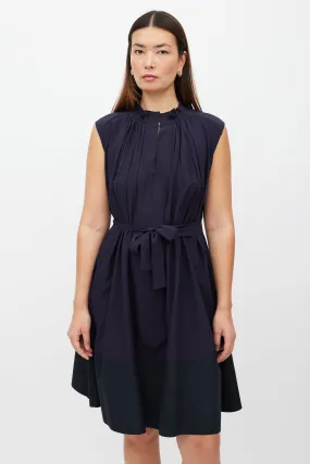 Navy Pleat Belted Dress