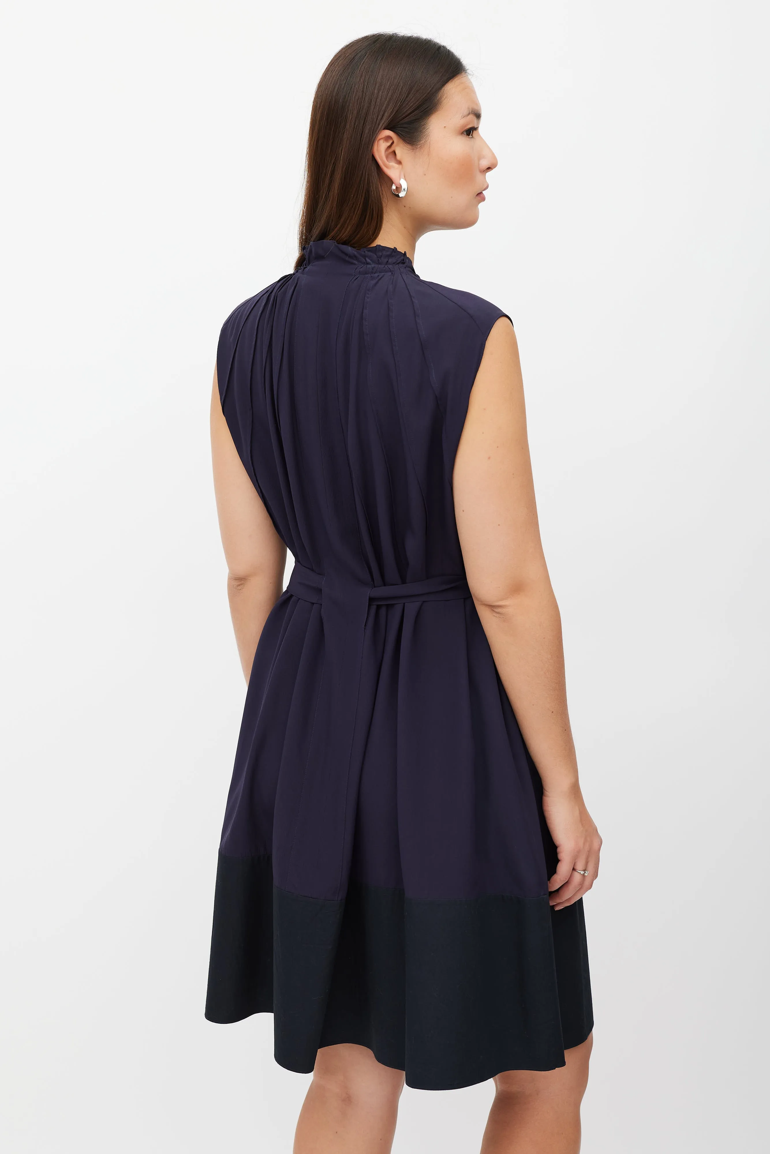 Navy Pleat Belted Dress