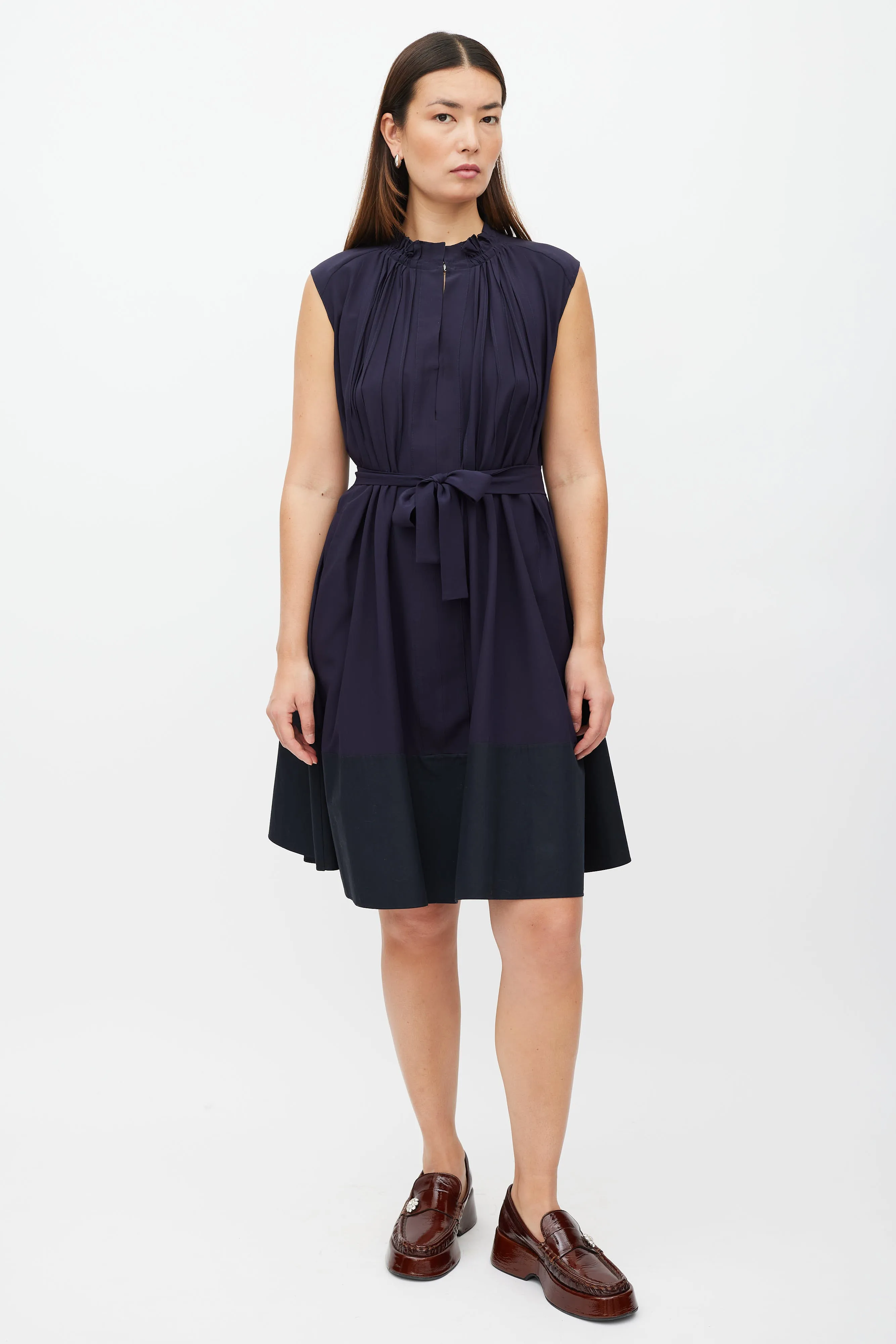 Navy Pleat Belted Dress