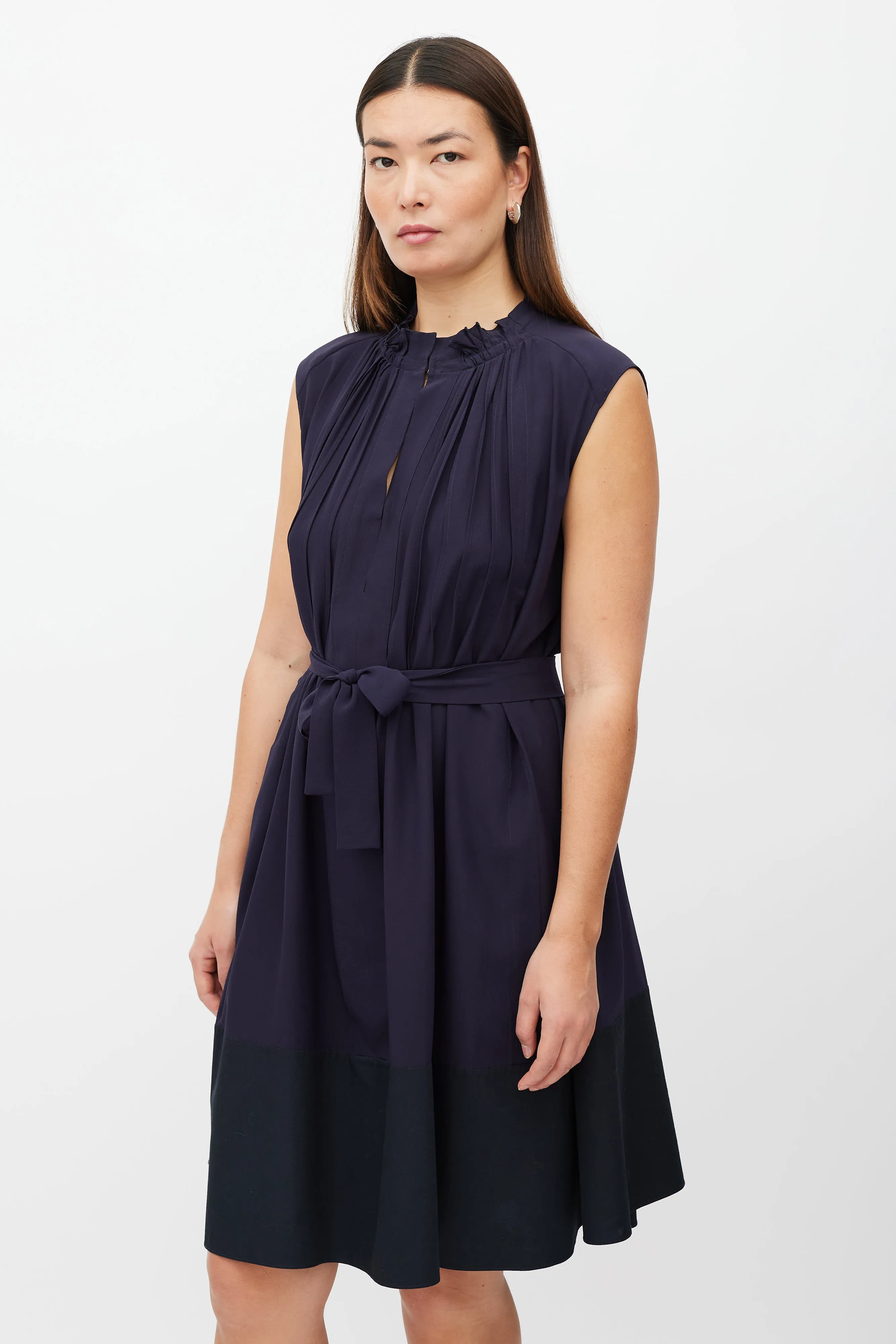 Navy Pleat Belted Dress