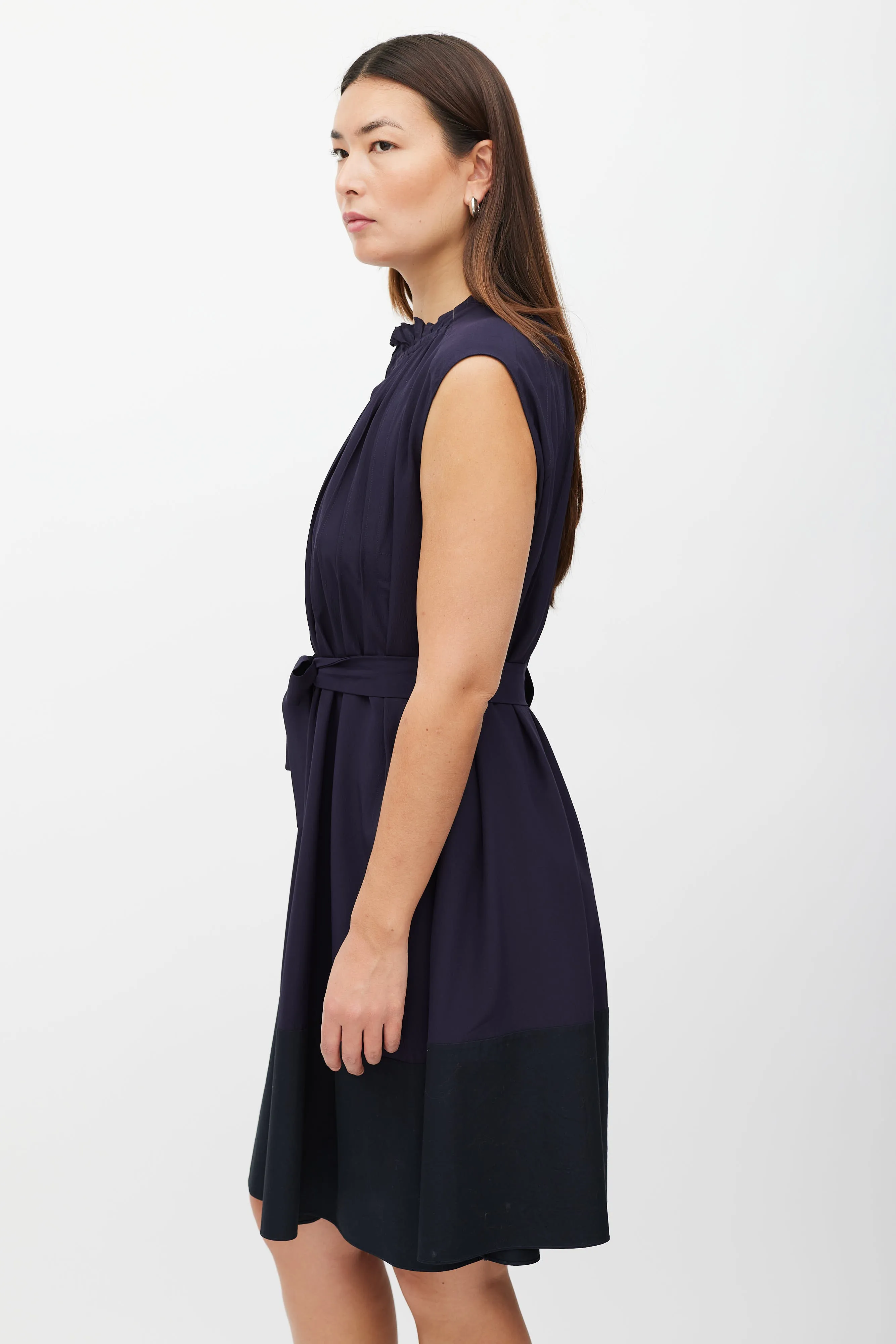 Navy Pleat Belted Dress