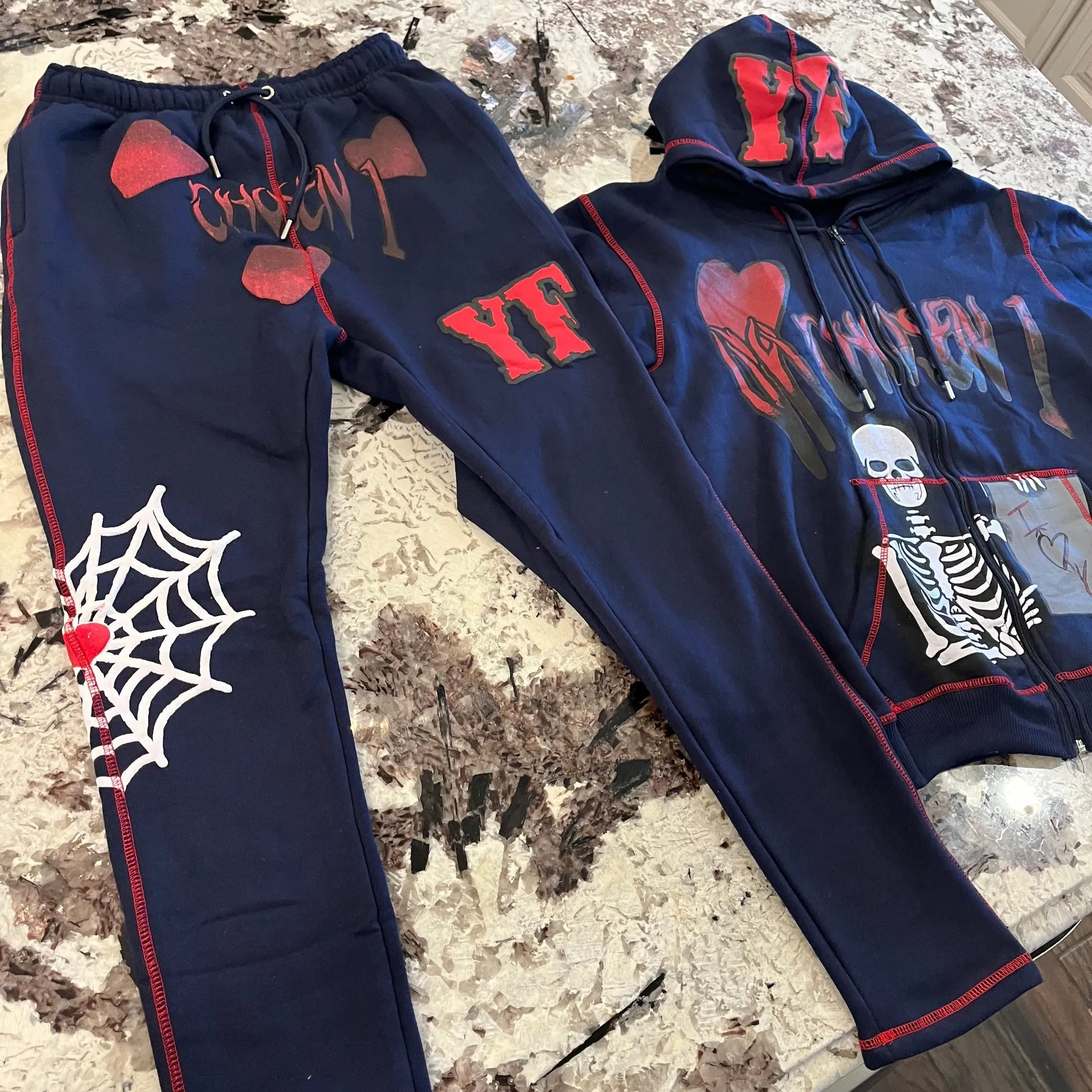 Personalized street style skull zipper hoodie set