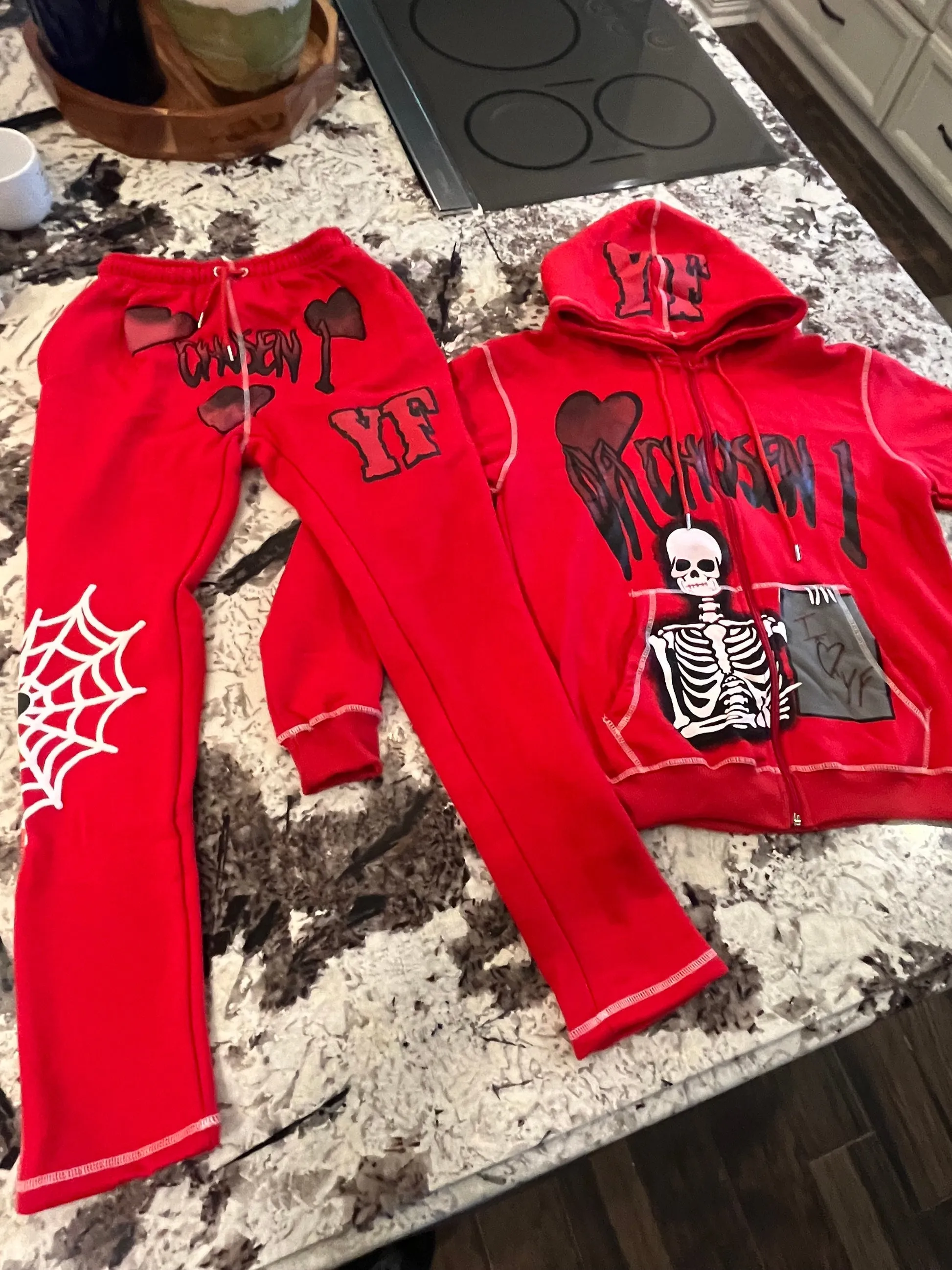 Personalized street style skull zipper hoodie set