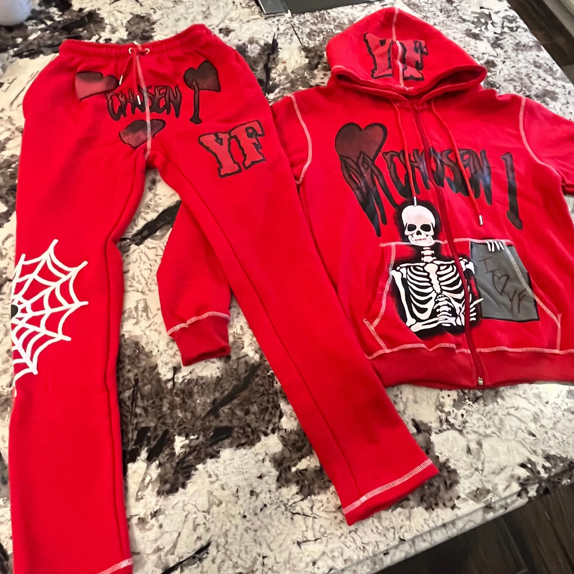 Personalized street style skull zipper hoodie set