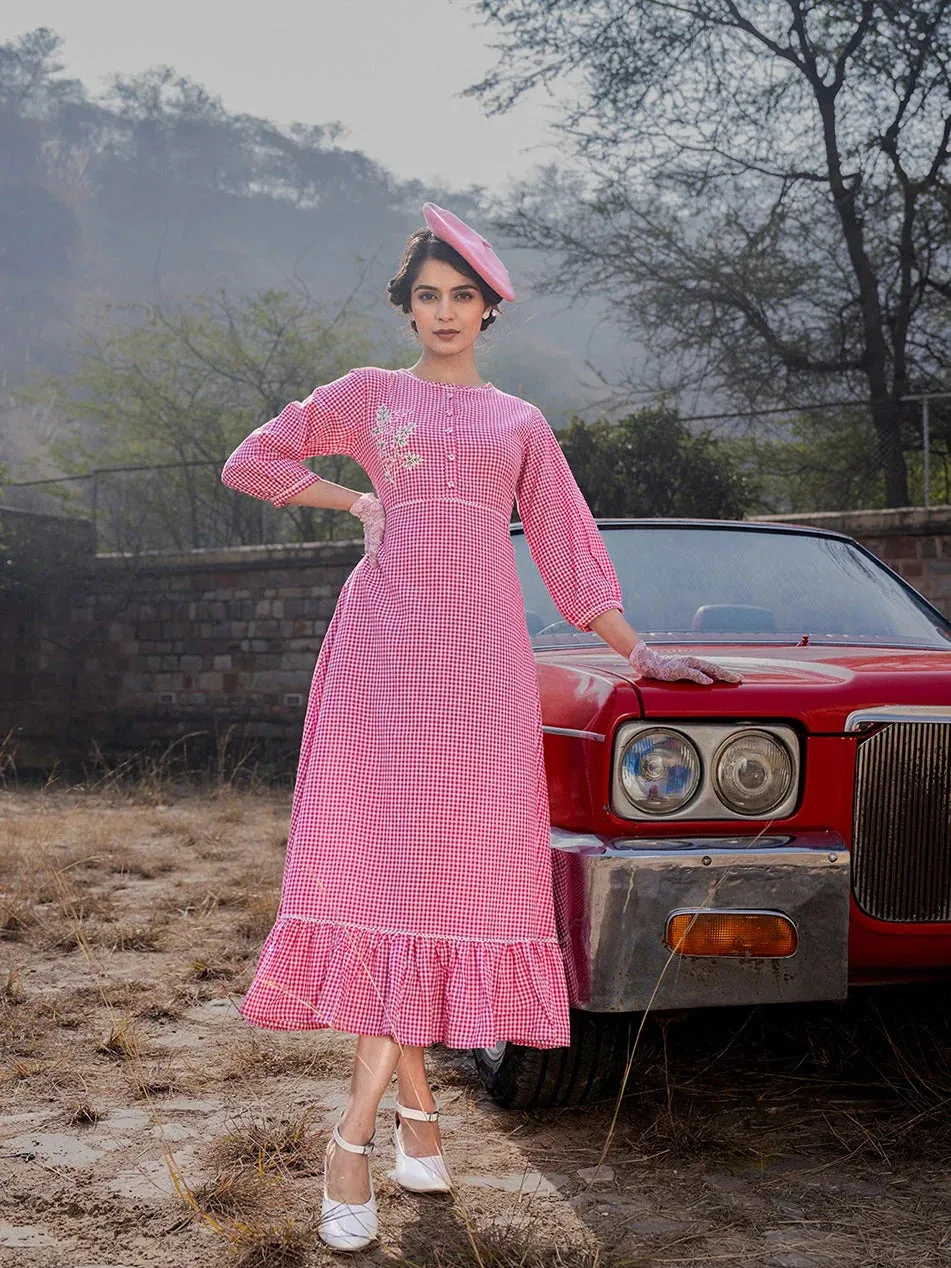 Pink Gingham Cotton Maxi Dress