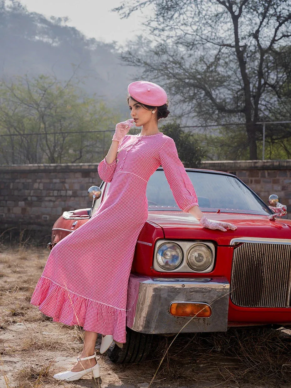 Pink Gingham Cotton Maxi Dress