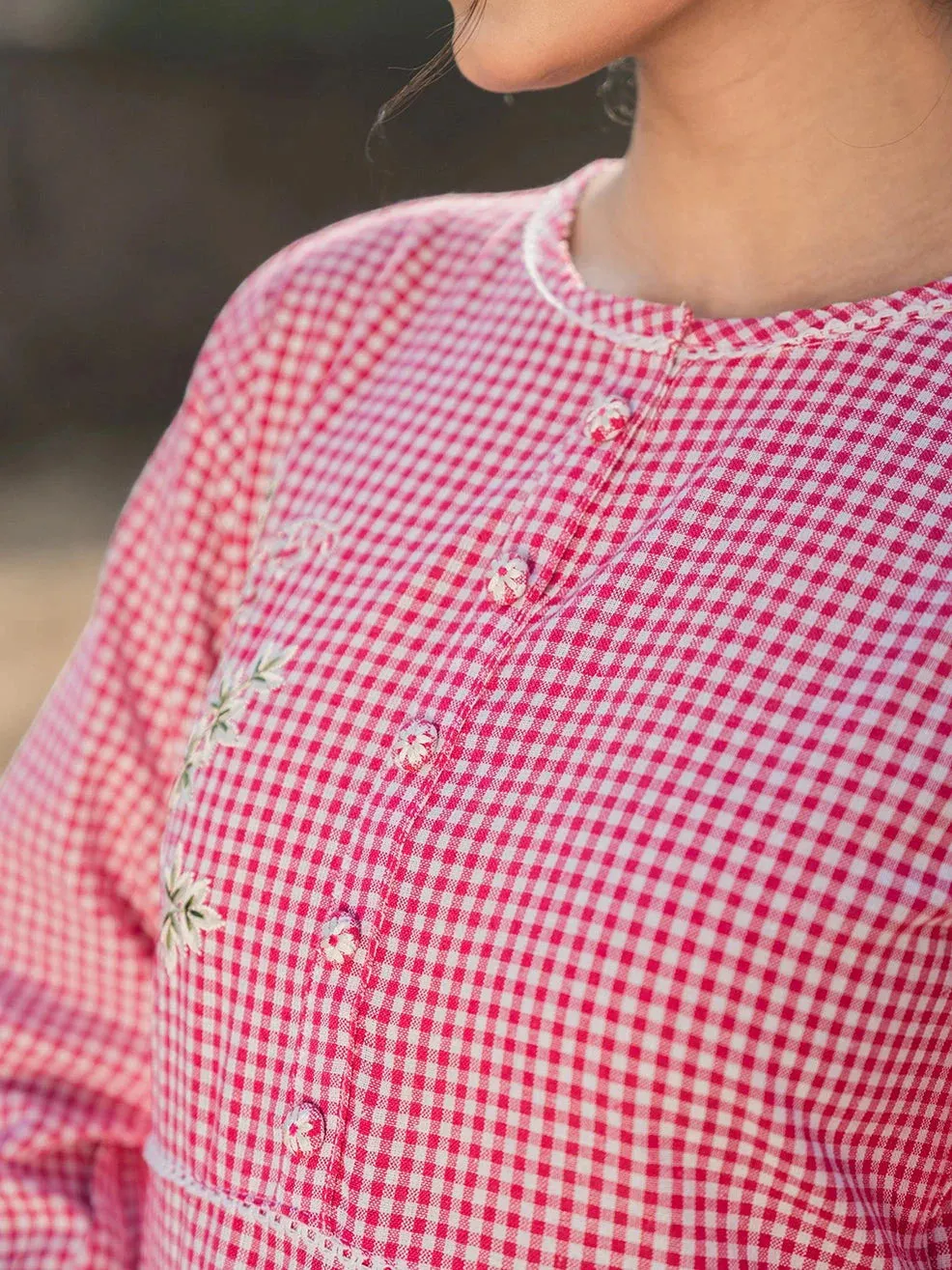 Pink Gingham Cotton Maxi Dress