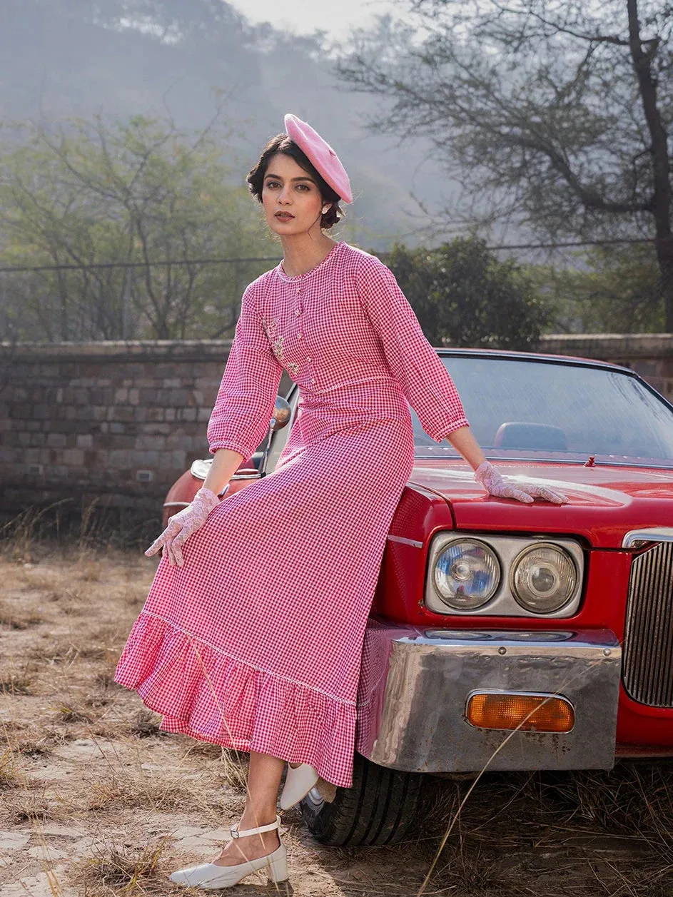 Pink Gingham Cotton Maxi Dress