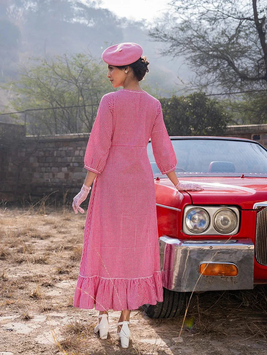 Pink Gingham Cotton Maxi Dress