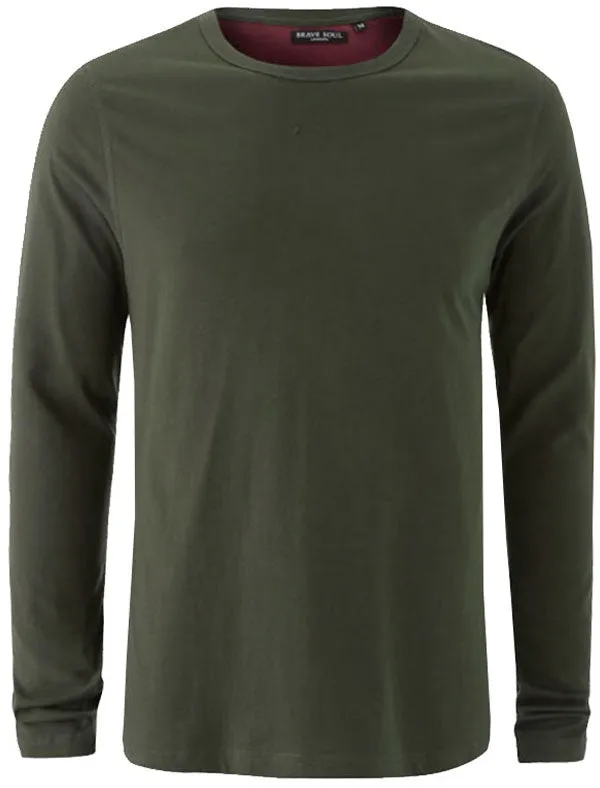 PragueC Long Sleeve Cotton Jersey Top in Khaki / Burgundy