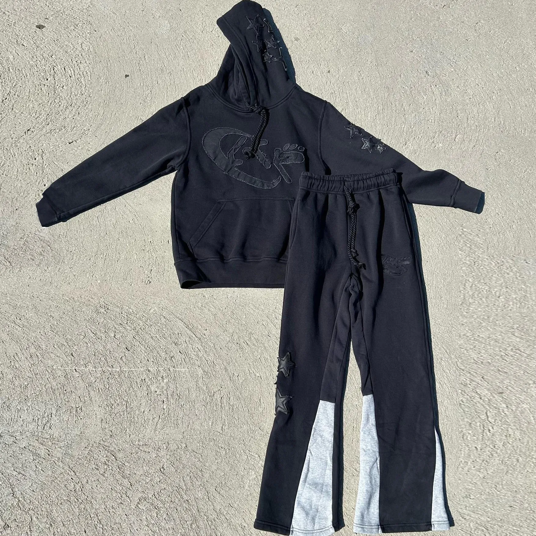 Retro personality contrasting pattern hoodie set