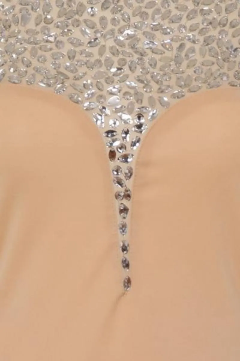 Seska Nude Crystal Plunge Thigh Split Fishtail Maxi Dress