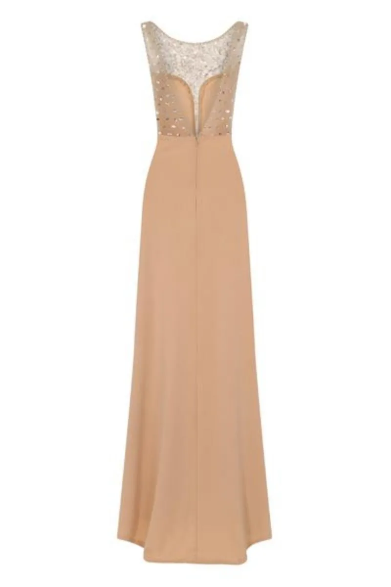 Seska Nude Crystal Plunge Thigh Split Fishtail Maxi Dress