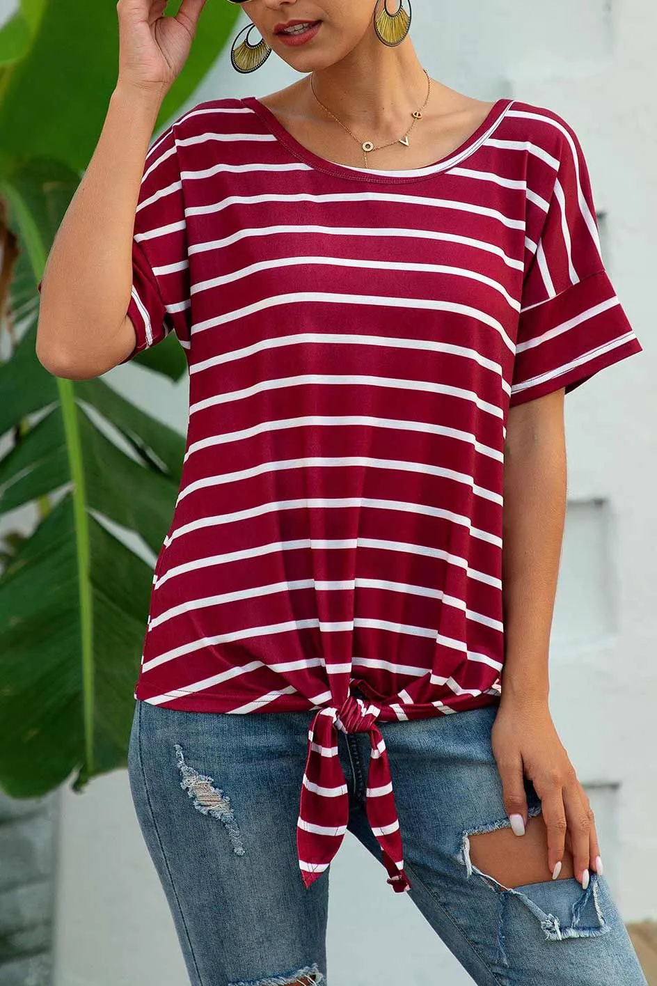 Striped Knot Hem Scoop T-shirt