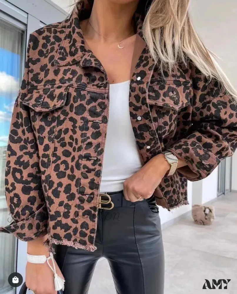 Vintage Loose Snake Leopard Oversize Long Sleeve Boyfriend Distressed Lapel Shacket Jacket