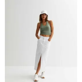 White Front-Slit Denim Skirt