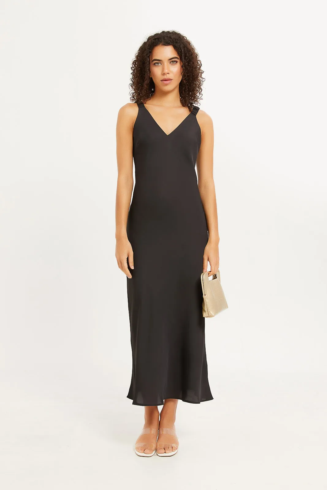 Women Black Strappy Satin Dress
