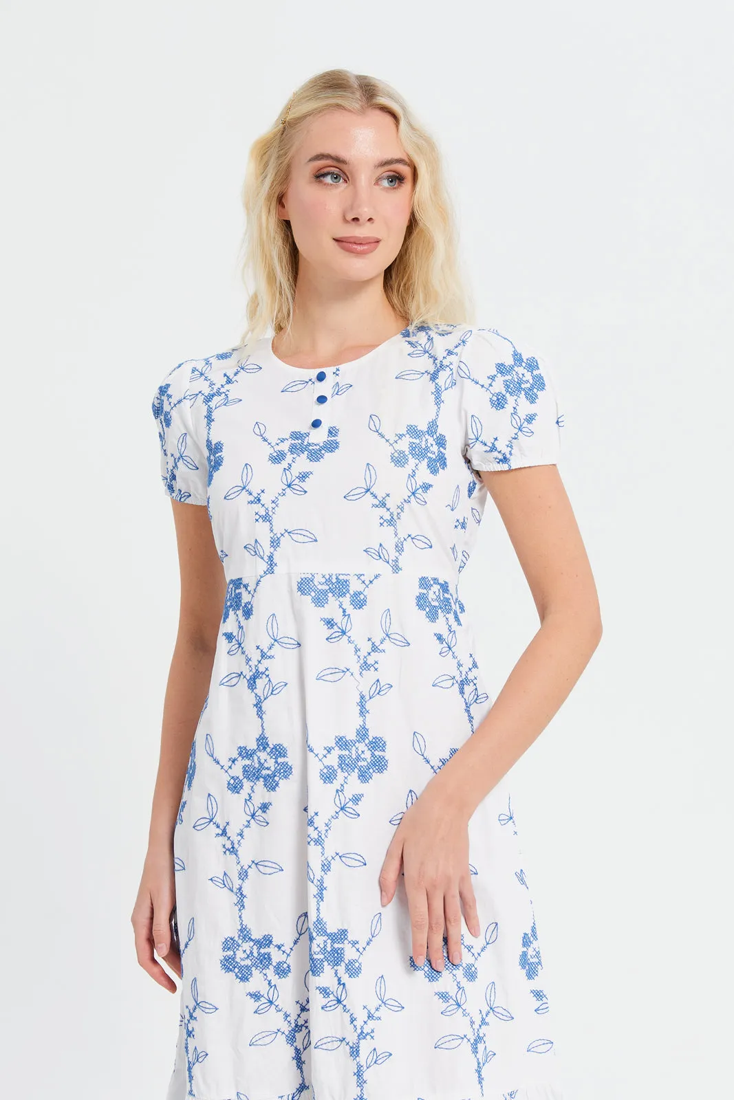 Women Blue Embroidered Long Dress