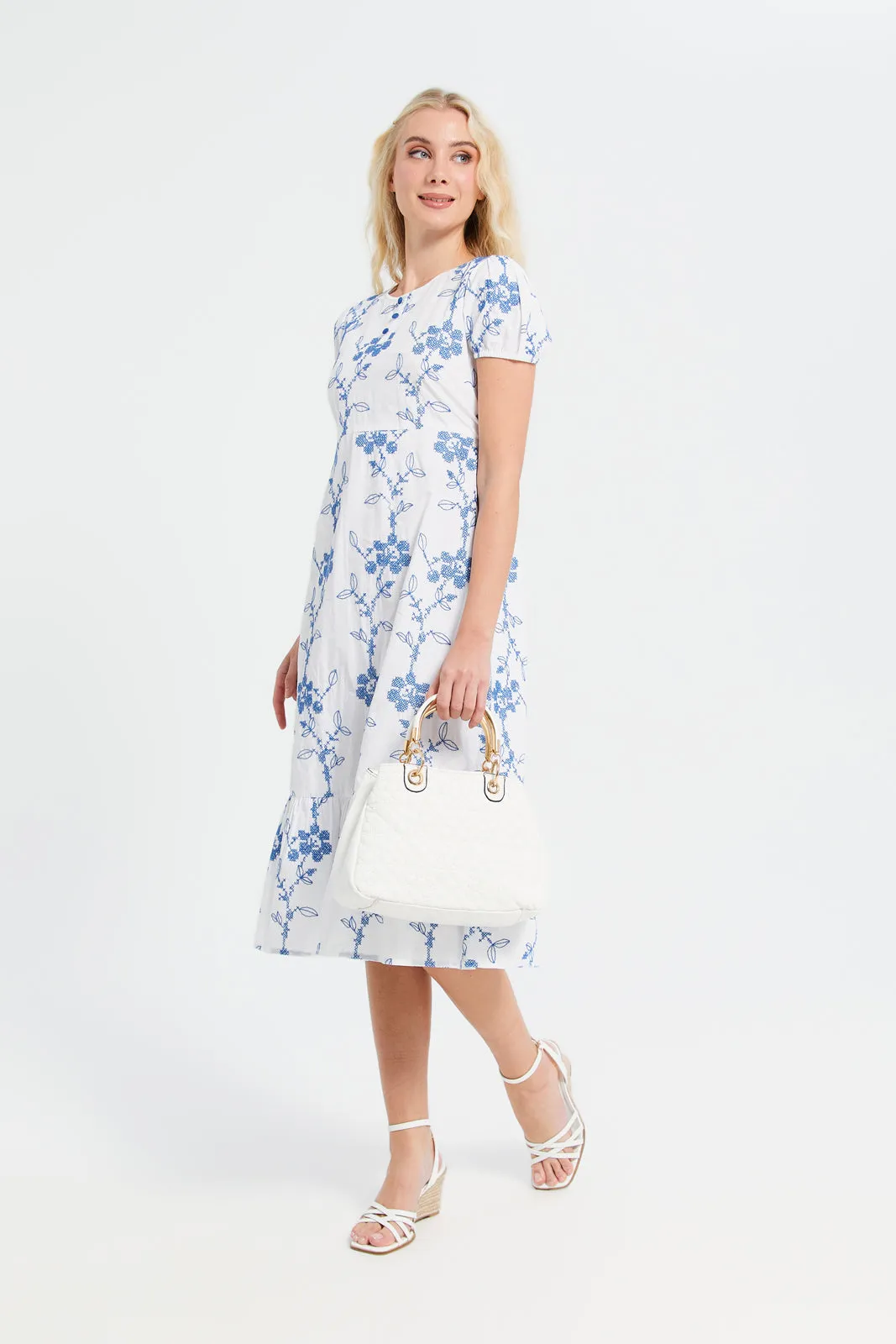 Women Blue Embroidered Long Dress