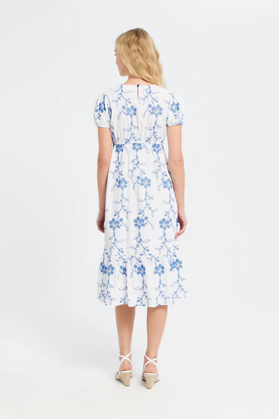 Women Blue Embroidered Long Dress