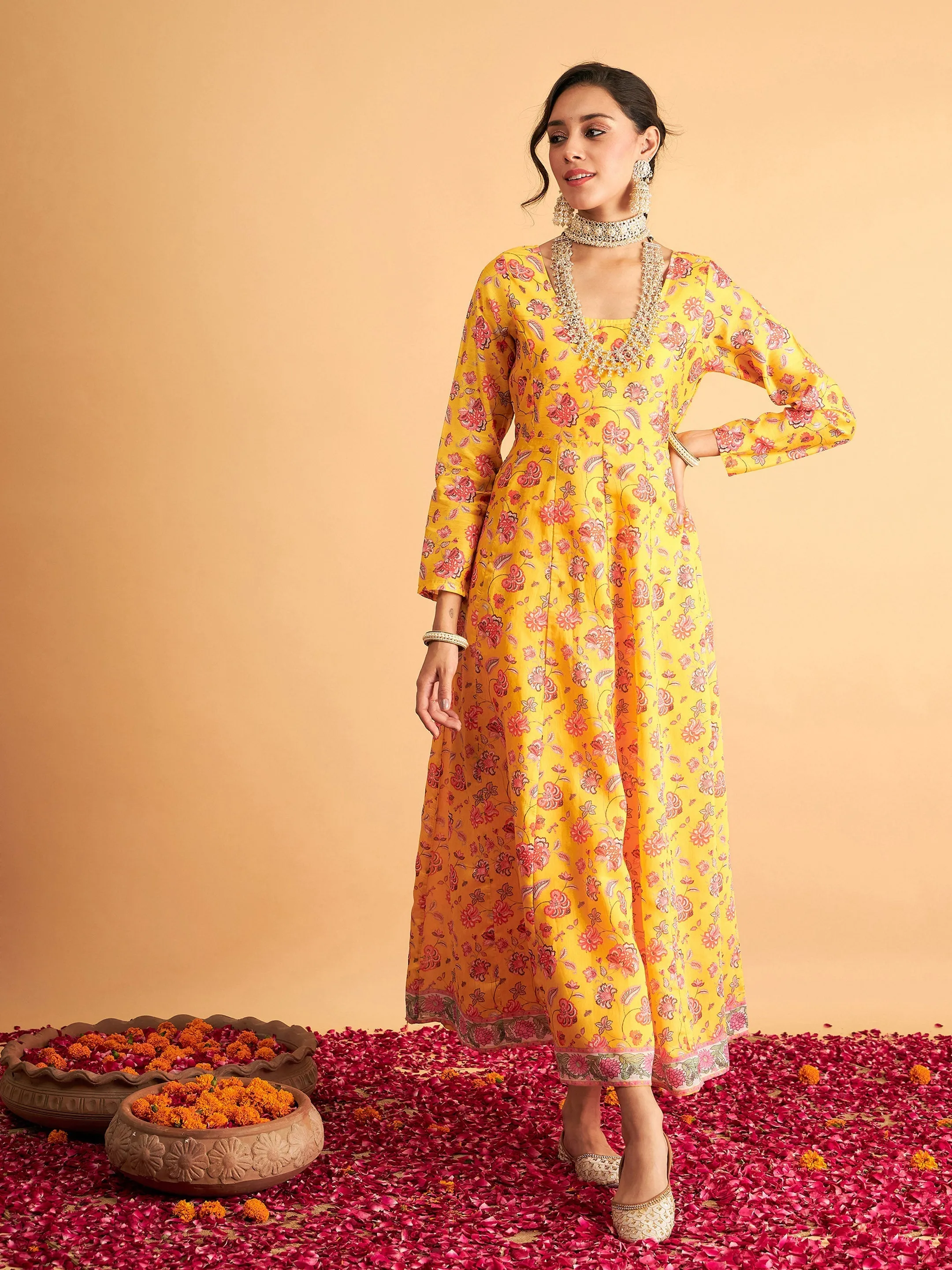 Women Yellow Floral Anarkali Maxi Dress