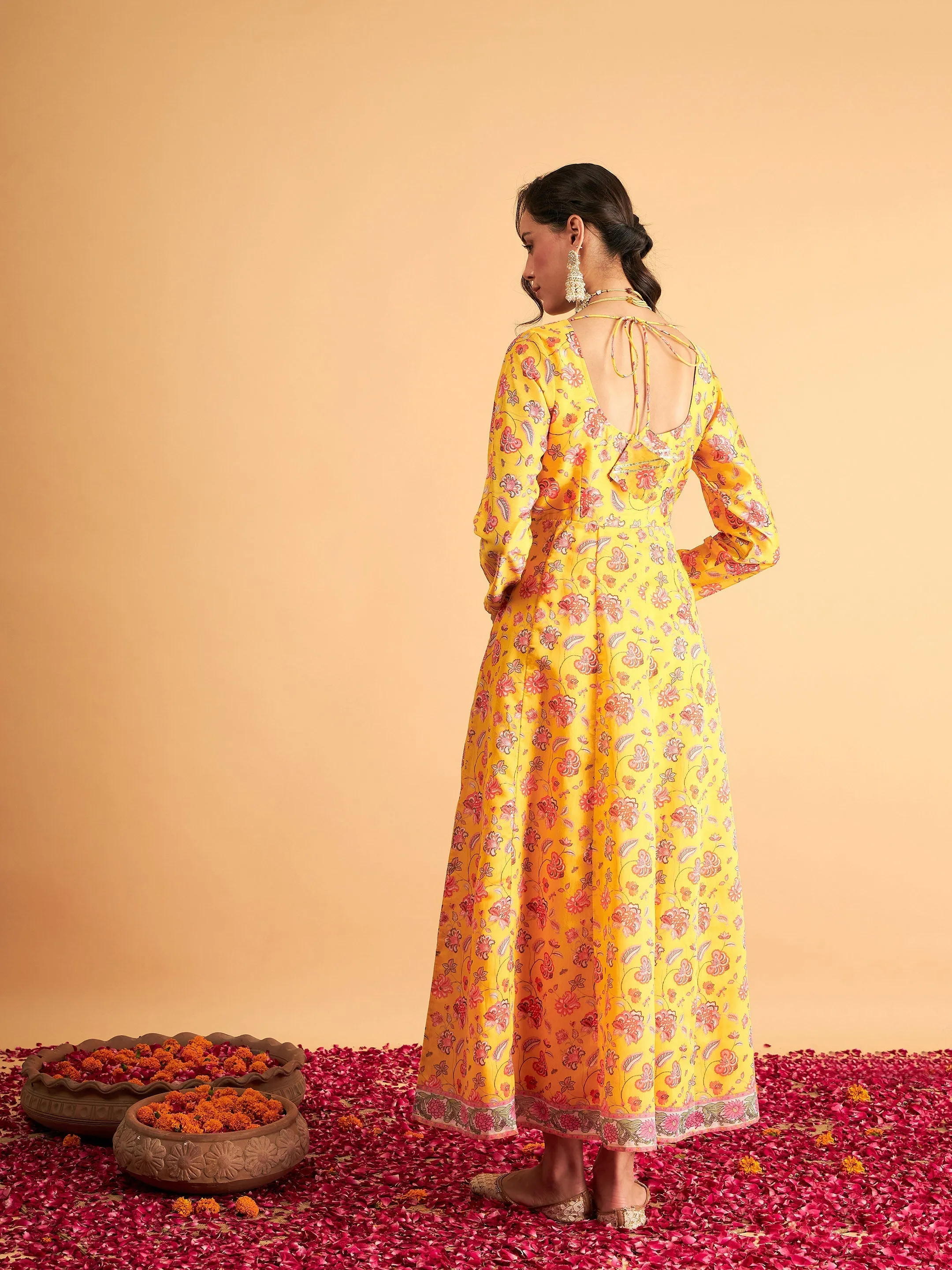 Women Yellow Floral Anarkali Maxi Dress