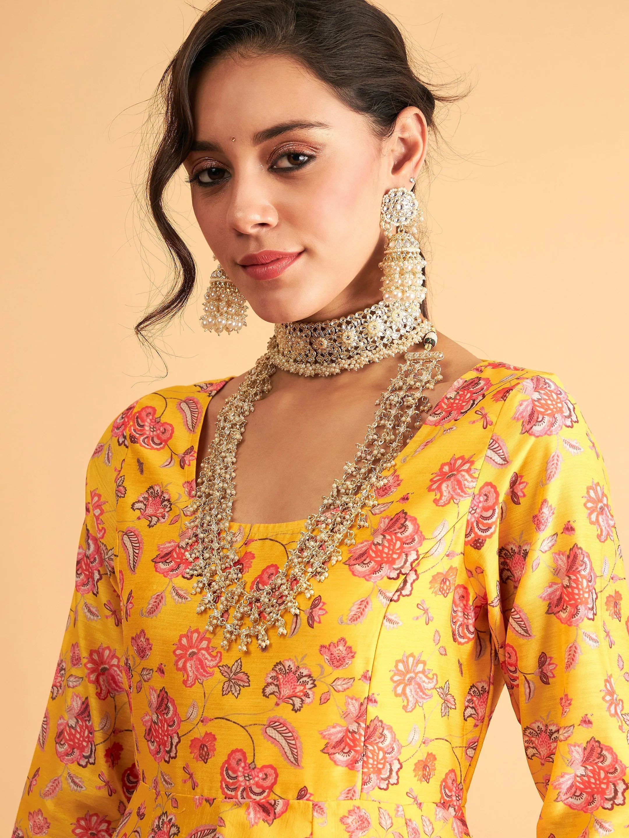 Women Yellow Floral Anarkali Maxi Dress